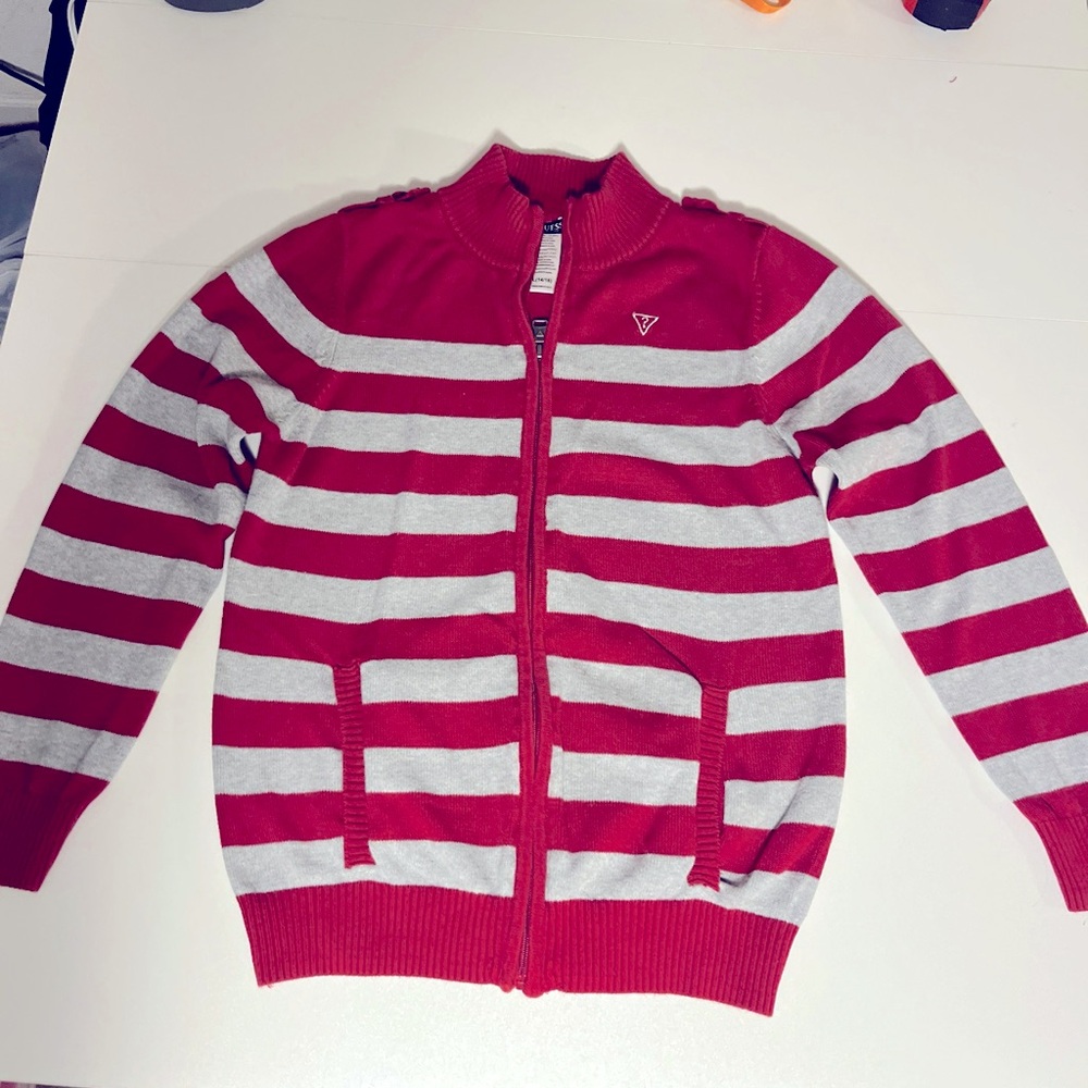 GUESS Juniors Girls Sweater Full Zip Pockets Red Gray Size L Cotton